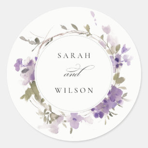 Elegante rustieke weide Lila bloemenkrans bruiloft Ronde Sticker