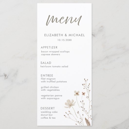 Elegante rustieke wilde bloem bloemenbruiloft menu (Voorkant)