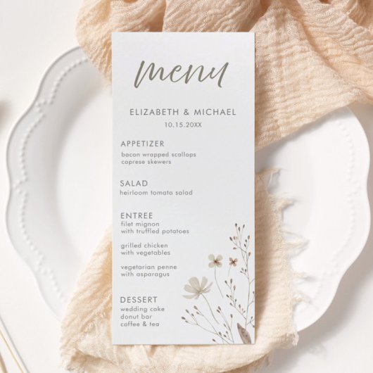 Elegante rustieke wilde bloem bloemenbruiloft menu