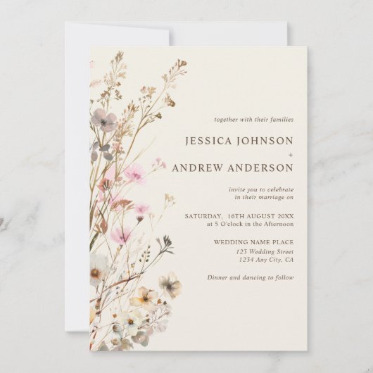 Elegante rustieke wilde bloemen beige bloemen brui kaart (Voorkant)