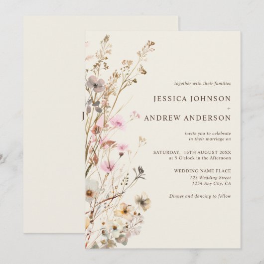 Elegante rustieke wilde bloemen beige bloemen brui kaart (Voorkant / Achterkant)