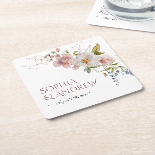 Elegante rustieke wilde bloemen bruiloft kartonnen onderzetters (Schuin)