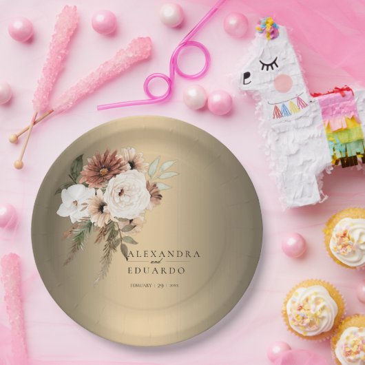 Elegante rustieke wilde bloemen gouden bruiloft papieren bordje (Feest)