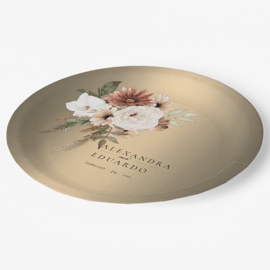 Elegante rustieke wilde bloemen gouden bruiloft papieren bordje (Gekanteld)