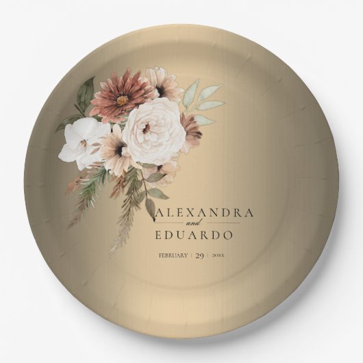 Elegante rustieke wilde bloemen gouden bruiloft papieren bordje (Voorkant)