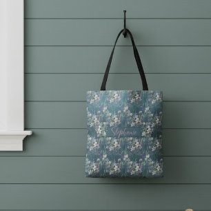 Elegante rustieke wilde bloemen op Blauwgroen hout Tote Bag
