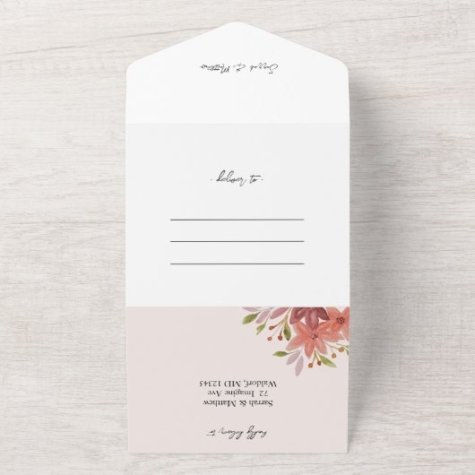 Elegante rustieke wilde bloemen Terracotta Blush All In One Uitnodiging (Buitenkant)