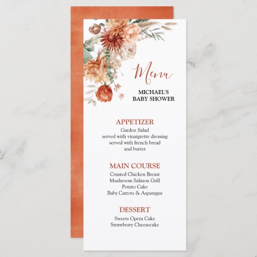 Elegante Rustieke Wildflower Herfst in Liefde Baby Menu (Voorkant / Achterkant)