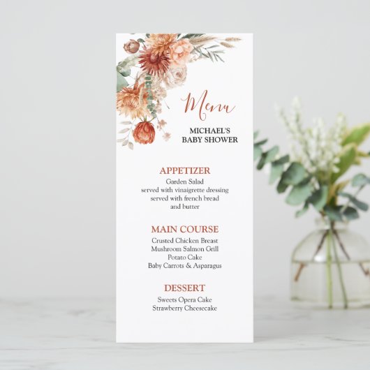 Elegante Rustieke Wildflower Herfst in Liefde Baby Menu (Staand voorkant)