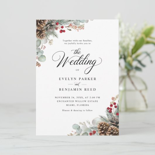 Elegante rustieke winter kerst bruiloft kaart (Staand voorkant)