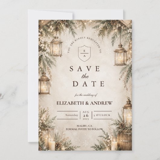 Elegante Rustieke Winterhuwelijk Save The Date (Voorkant)