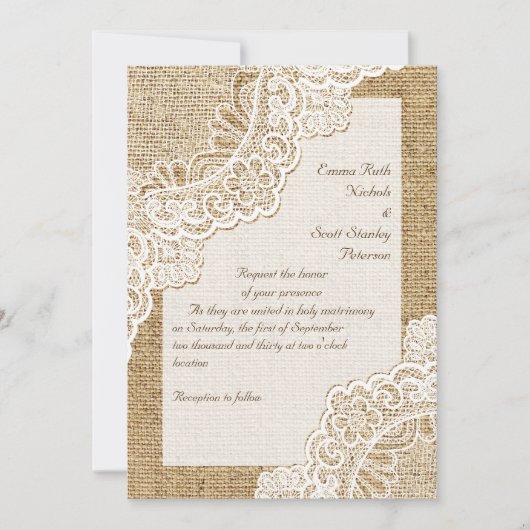 Elegante rustieke witte hoekkant op jute bruiloft kaart (Voorkant)