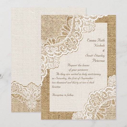 Elegante rustieke witte hoekkant op jute bruiloft kaart (Voorkant / Achterkant)