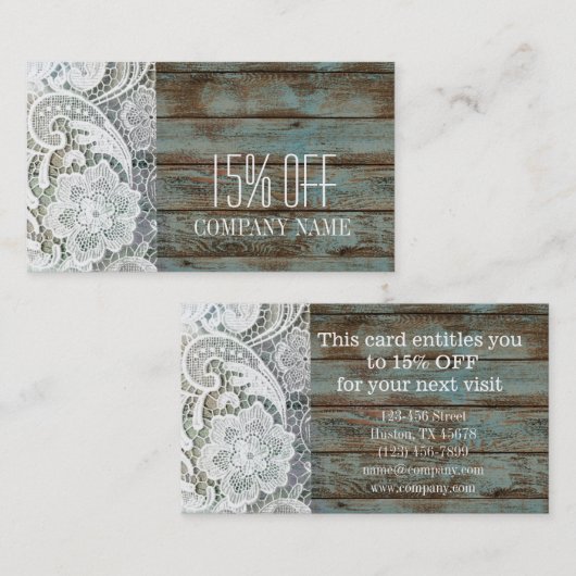 Elegante rustieke witte kant blauwe schuur hout ko kortingskaartje (Voorkant / Achterkant)