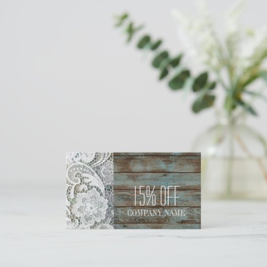 Elegante rustieke witte kant blauwe schuur hout ko kortingskaartje (Staand voorkant)