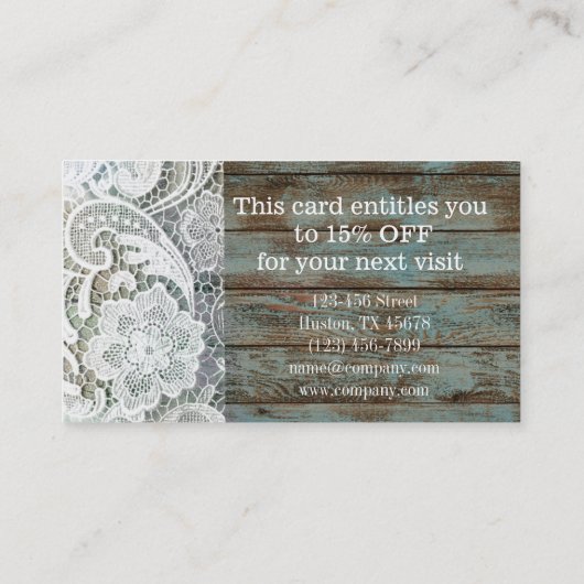 Elegante rustieke witte kant blauwe schuur hout ko kortingskaartje (Achterkant)