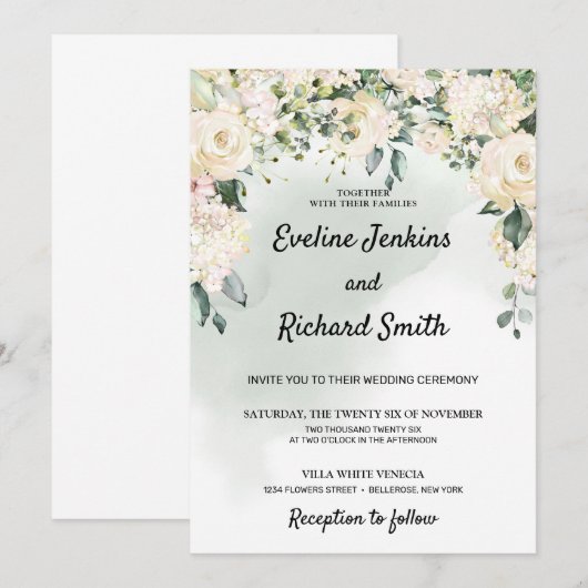 Elegante rustieke witte rozen bloemengroen bruilof kaart (Voorkant / Achterkant)