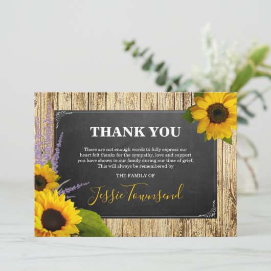 Elegante rustieke zonnebloem begrafenis sympathie bedankkaart (Staand voorkant)