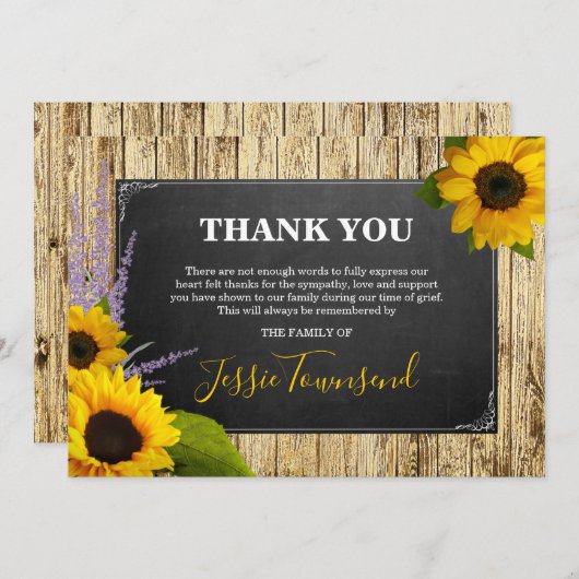 Elegante rustieke zonnebloem begrafenis sympathie bedankkaart (Voorkant / Achterkant)