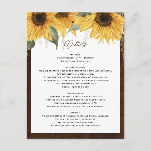 Elegante rustieke zonnebloem, bruiloft details informatiekaartje (Voorkant)