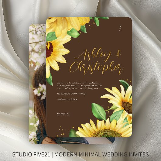 Elegante rustieke zonnebloem bruin foto bruiloft kaart