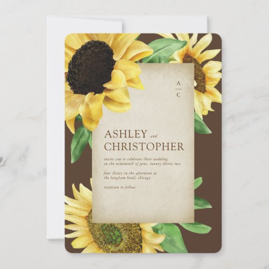 Elegante rustieke zonnebloem bruine bruiloft kaart (Voorkant)