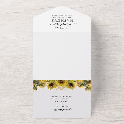 Elegante Rustieke Zonnebloem Goud QR Code Bruiloft All In One Uitnodiging (Buitenkant)