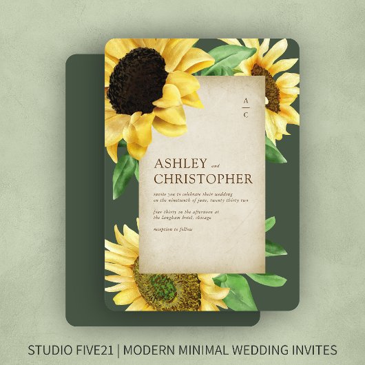 Elegante rustieke zonnebloem groene bruiloft kaart