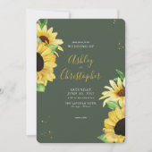 Elegante rustieke zonnebloem groene foto bruiloft kaart (Voorkant)