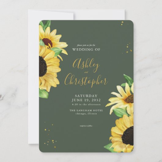 Elegante rustieke zonnebloem groene foto bruiloft kaart (Voorkant)