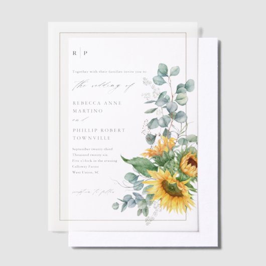 Elegante rustieke zonnebloem herfst bruiloft vellum uitnodigingen (Offset)