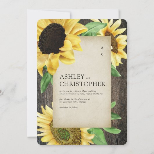 Elegante rustieke zonnebloem hout foto bruiloft kaart (Voorkant)