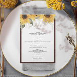 Elegante rustieke Zonnebloem, Land bruiloft Menu<br><div class="desc">Introductie van onze Rustieke Sunflower Wedding Menu Kaarten, ideaal voor het toevoegen van een warme, landelijke charme aan uw speciale dag. Deze A7-formaat kaarten hebben een prachtig ontworpen ontwerp dat levendige zonnebloemen toont, symboliseert adoratie en loyaliteit, geplaatst tegen een rustieke achtergrond. Ideaal voor zowel herfst- als zomerbruiloften, deze menukaarten creëer...</div>