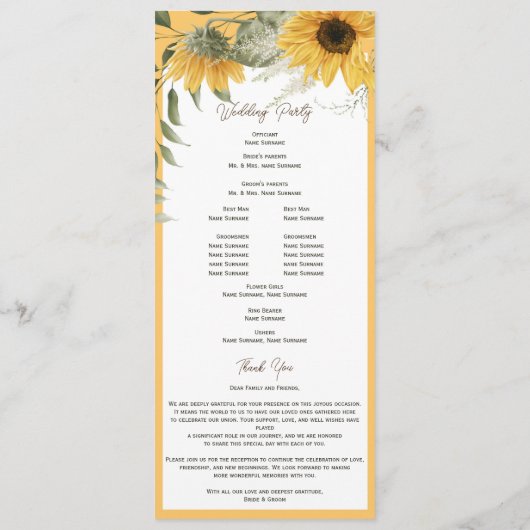 Elegante rustieke zonnebloem, land bruiloft programmakaart (Achterkant)