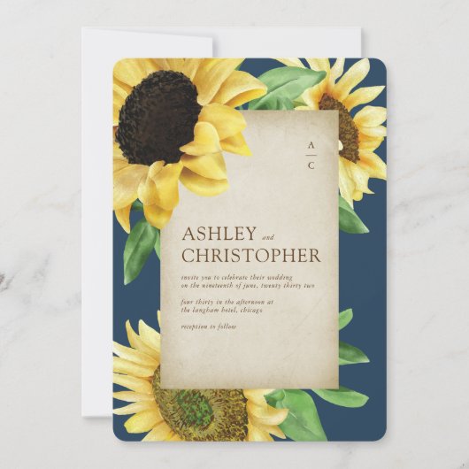 Elegante rustieke zonnebloem marine blauw foto bru kaart (Voorkant)