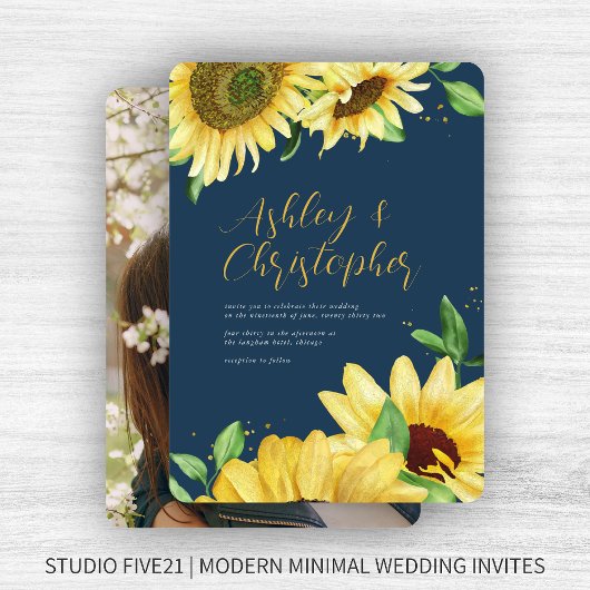 Elegante rustieke zonnebloem marine blauw foto bru kaart