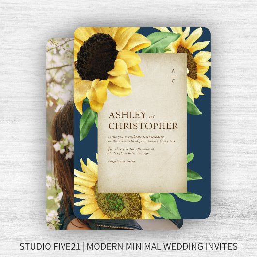 Elegante rustieke zonnebloem marine blauw foto bru kaart