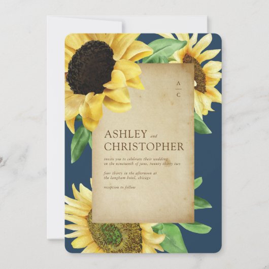 Elegante rustieke zonnebloem marine blauwe bruilof kaart (Voorkant)