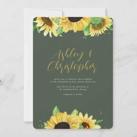 Elegante rustieke zonnebloem mos groen foto bruilo kaart (Voorkant)