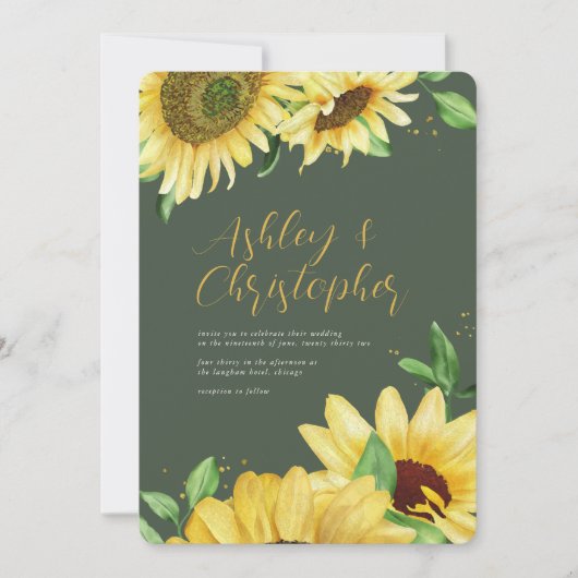 Elegante rustieke zonnebloem mos groen foto bruilo kaart (Voorkant)