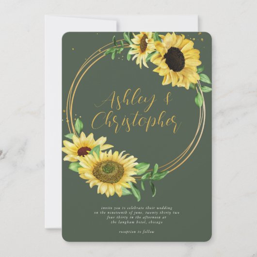 Elegante rustieke zonnebloem mos groene bruiloft kaart (Voorkant)