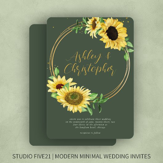 Elegante rustieke zonnebloem mos groene bruiloft kaart