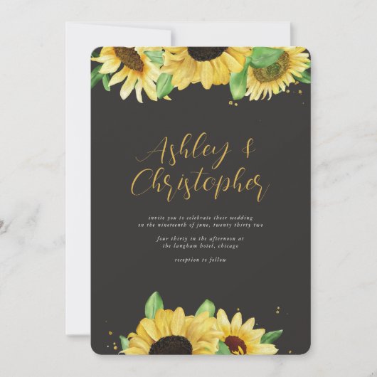 Elegante rustieke zonnebloem zwart all-in-one brui kaart (Voorkant)