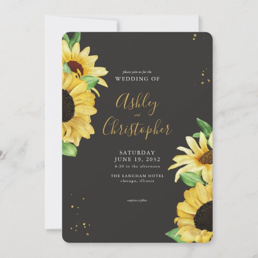 Elegante rustieke zonnebloem zwart bruiloft uitnod kaart (Voorkant)