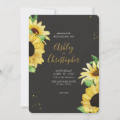 Elegante rustieke zonnebloem zwart foto bruiloft kaart (Voorkant)