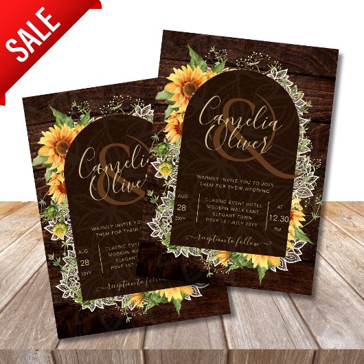 Elegante rustieke zonnebloemen en kant bruiloft ui kaart