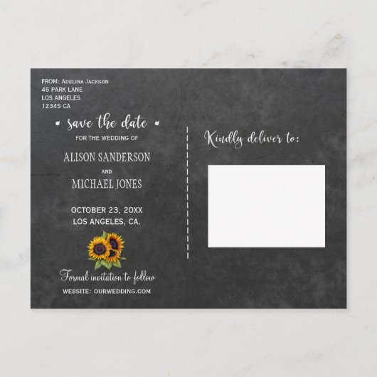 Elegante rustieke zonnebloemen foto bruiloft opsla aankondigingskaart (Achterkant)