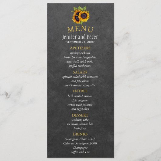 Elegante rustieke zonnebloemen herfst bruiloft men menu (Voorkant)