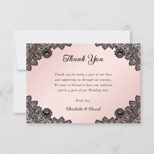 Elegante rustieke zwarte en blozen bloemenkant bru bedankkaart (Voorkant)