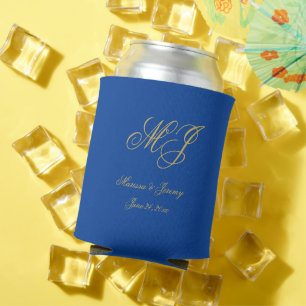 Elegante Saffier Blauw Goud Monogram Huwelijk Blikjeskoeler